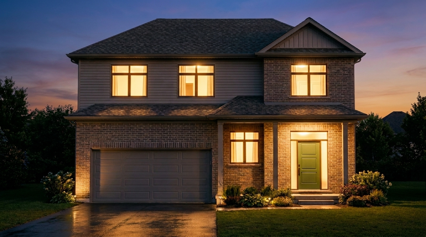 The Sparrow — brick two-storey with warm-lit windows at night, green front door